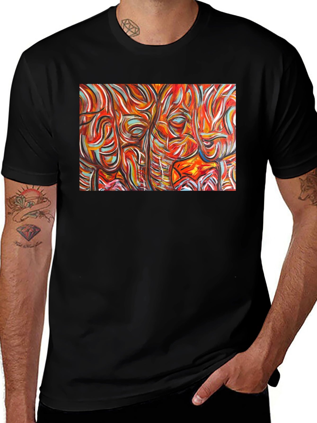 Abstract Elephant Print Black T-Shirt