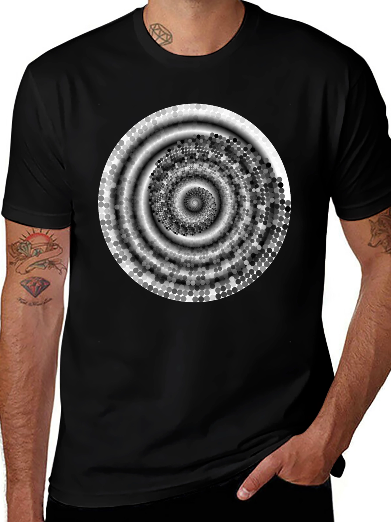 Abstract Spiral Design Black Cotton T-Shirt