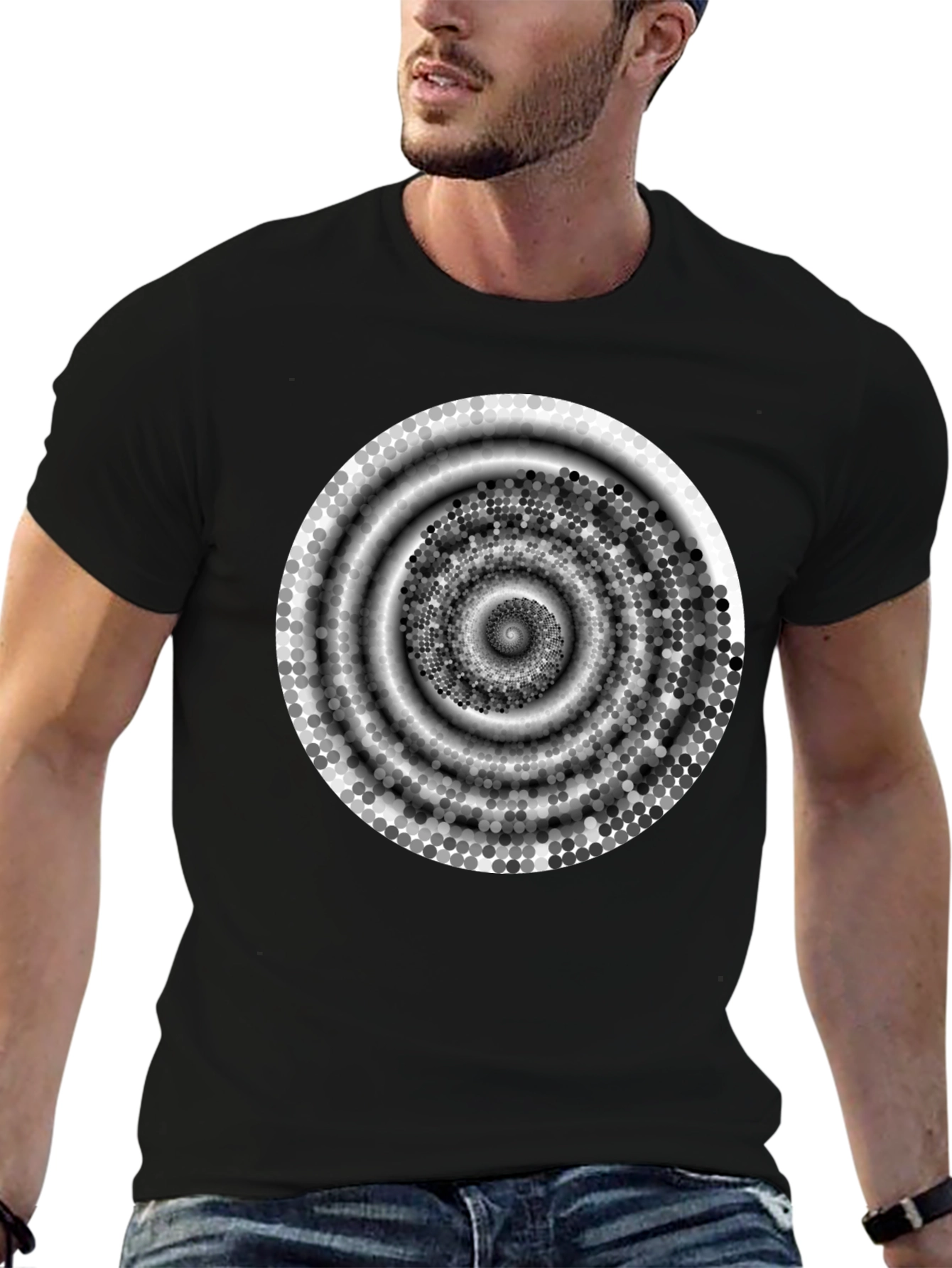Abstract Spiral Design Black Cotton T-Shirt