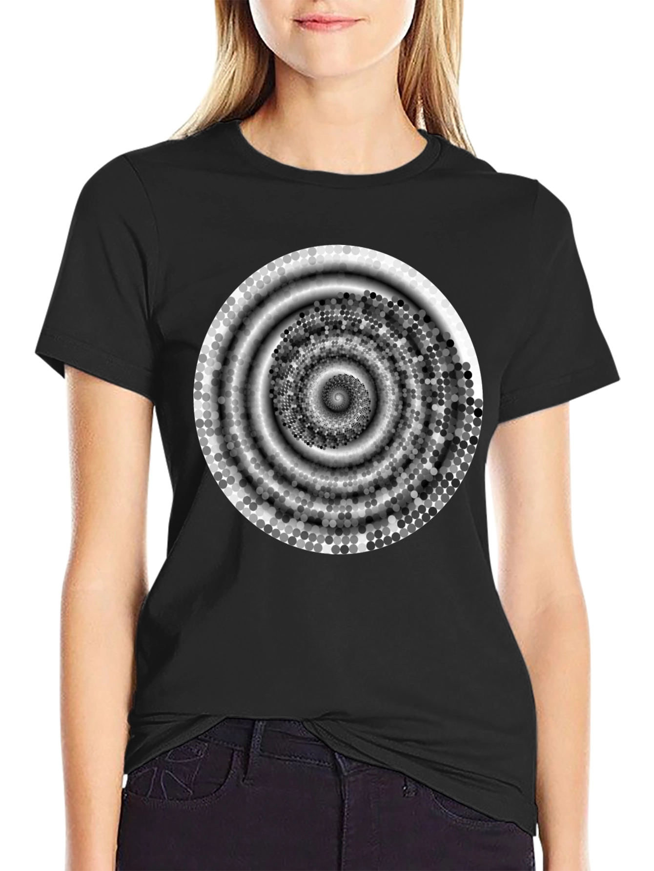 Abstract Spiral Design Black Cotton T-Shirt